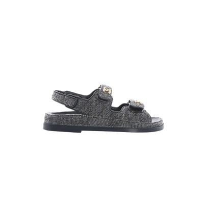 CHANEL VELVET DAILY CASUAL SANDALS FOR WOMEN BLACK & GRAY G35927 X56243 0L121